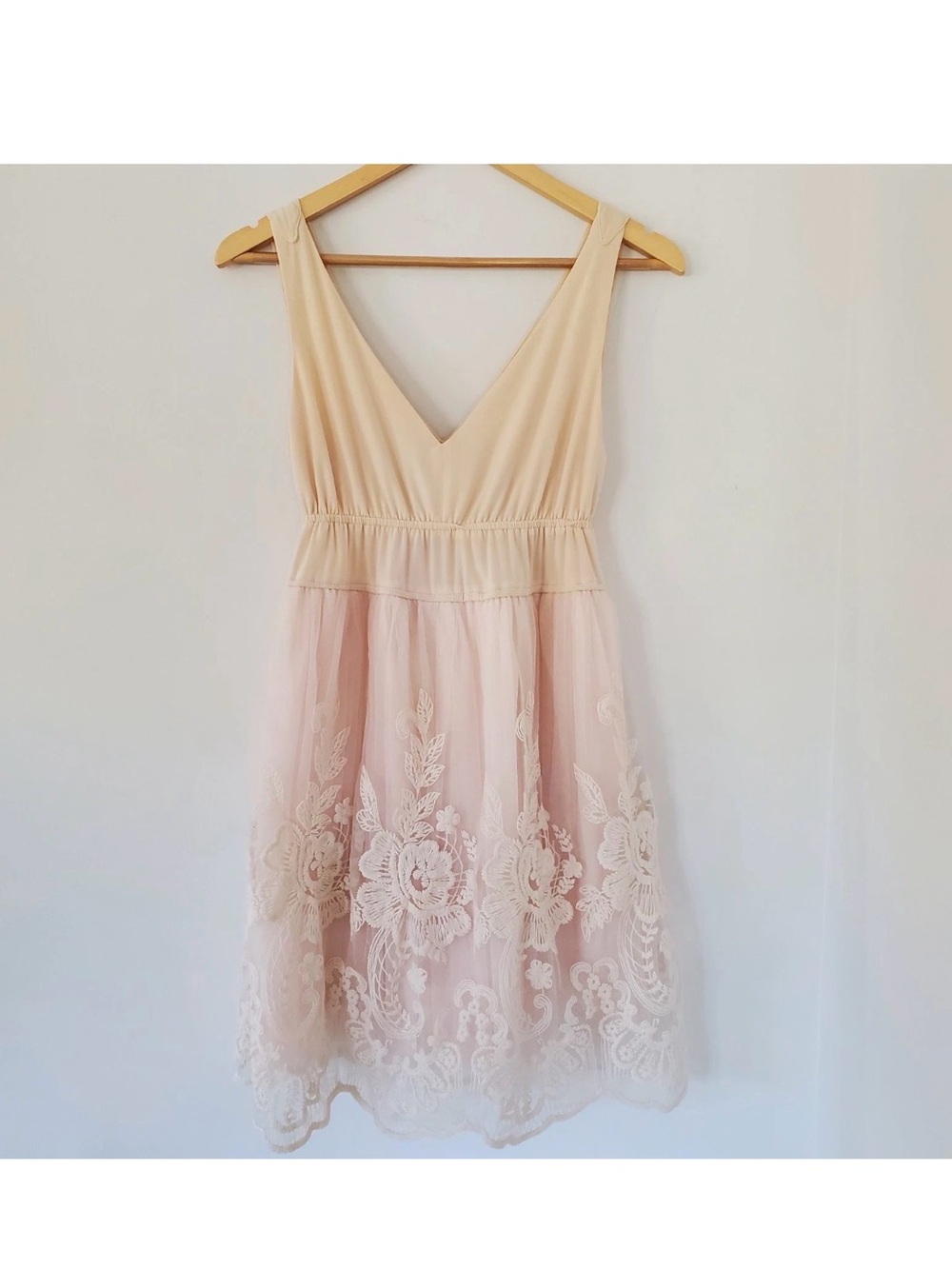 PINKY Sz S Light Cream Lace Mesh Dress Embroidered Baby Doll Fairy Punk Whimsy